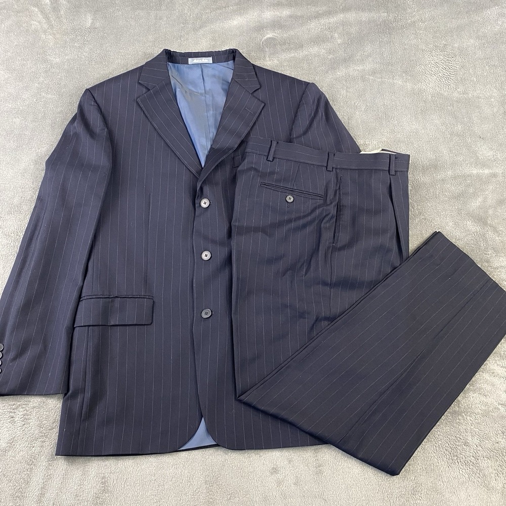 Oscar De La Renta 42LW34 Navy Blue Striped 100% Wool Men Suit Office Wedding VTG